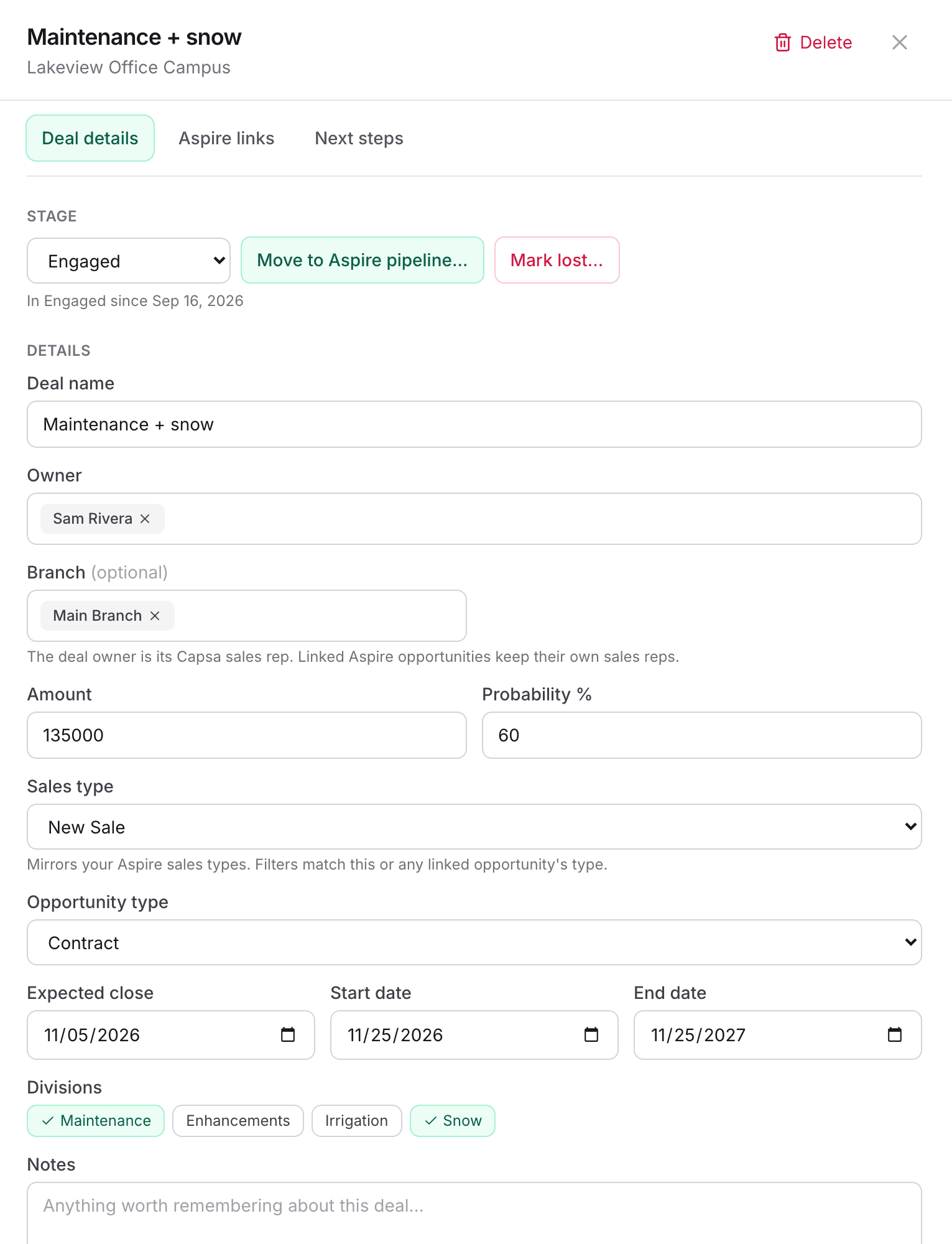 Deal details for Maintenance + snow at Lakeview Office Campus, showing the Engaged stage with Move to Aspire pipeline and Mark lost actions, and editable owner, branch, amount, probability, sales type, opportunity type, expected close, start and end dates, and divisions