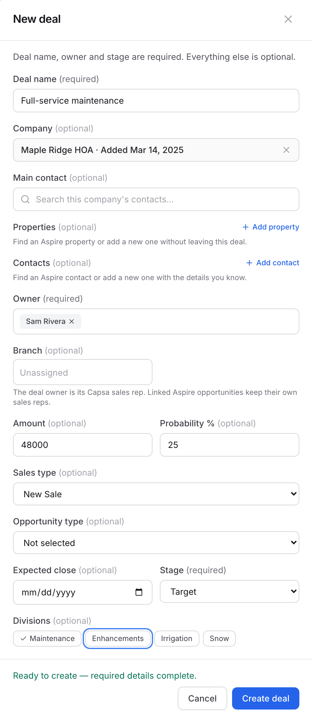 Completed New deal form for Full-service maintenance at Maple Ridge HOA, owned by Sam Rivera, with a $48,000 amount, 25 percent probability, New Sale sales type, Target stage, and the Maintenance division, ready to create