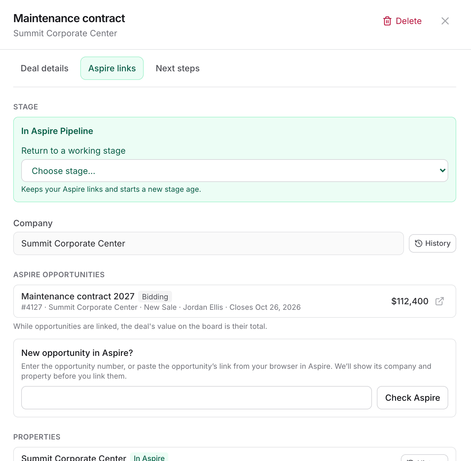 A deal in the In Aspire Pipeline stage with a Return to a working stage option and a linked Maintenance contract 2027 opportunity in Bidding status worth $112,400