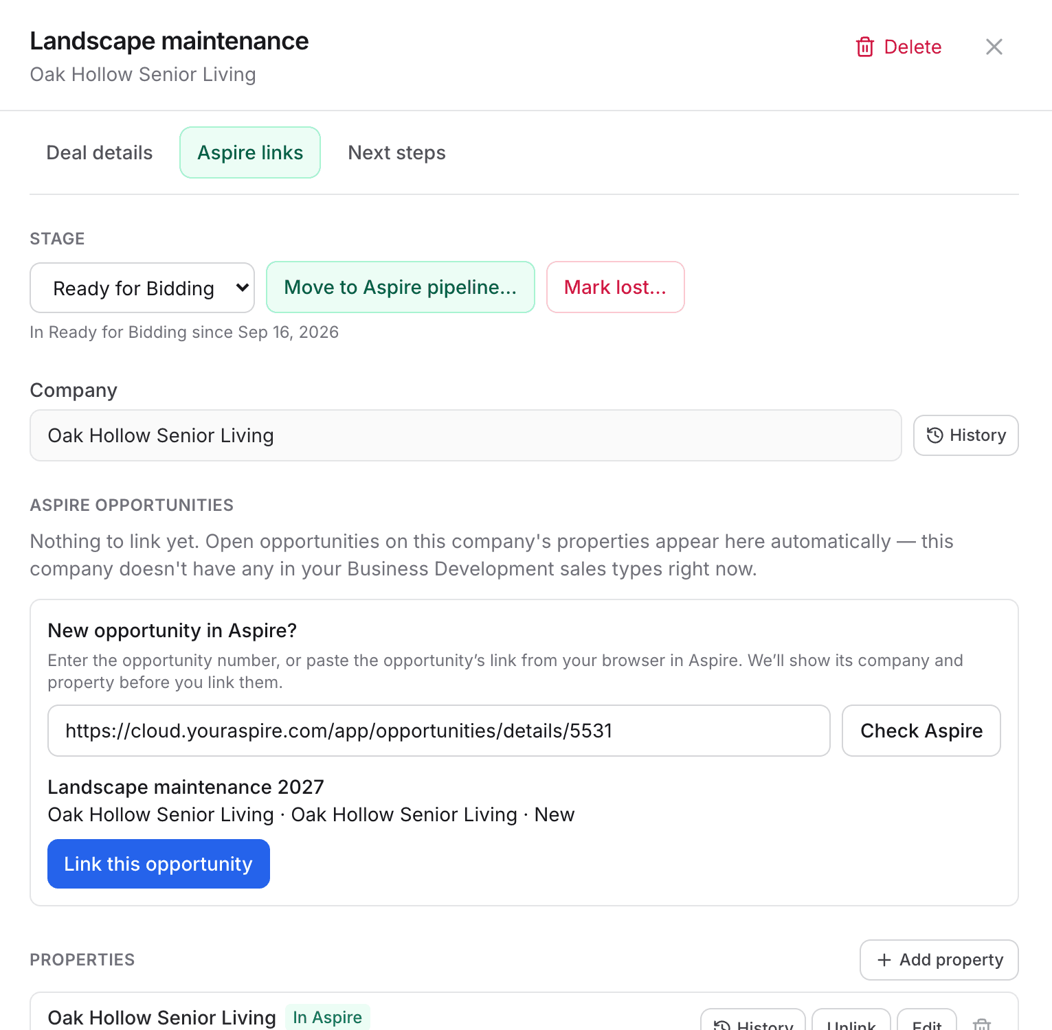 Aspire links for a deal with an opportunity's Aspire address pasted under New opportunity in Aspire?, showing the confirmed Landscape maintenance 2027 opportunity at Oak Hollow Senior Living with status New and a Link this opportunity button