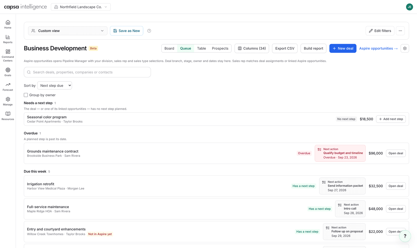 Business Development queue grouped into Needs a next step, Overdue, and Due this week, with each deal showing its company, owner, next action, due date, and value, and buttons to add a next step or open the deal