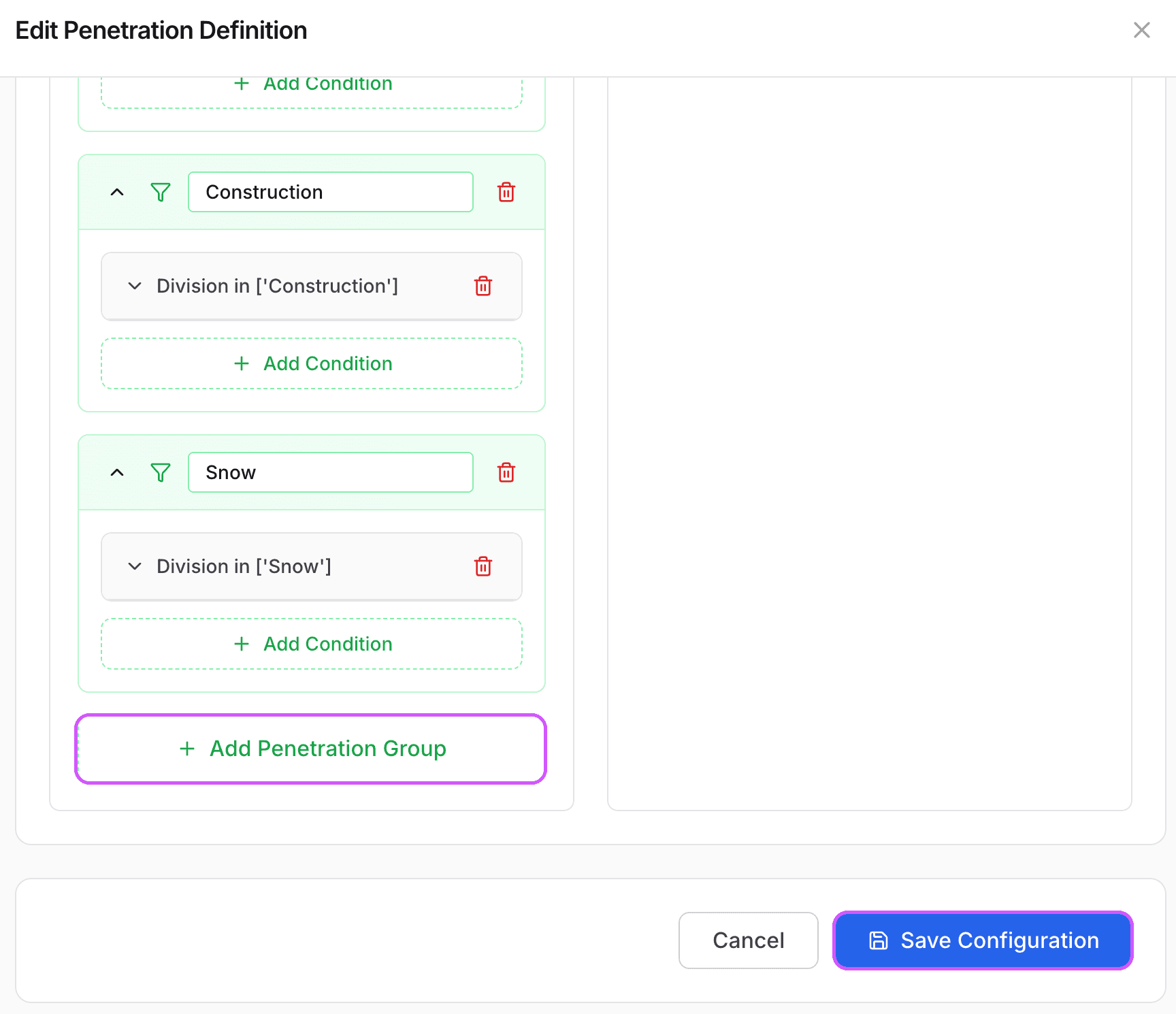 Penetration groups showing Construction, Snow, and Add Penetration Group button with Save Configuration
